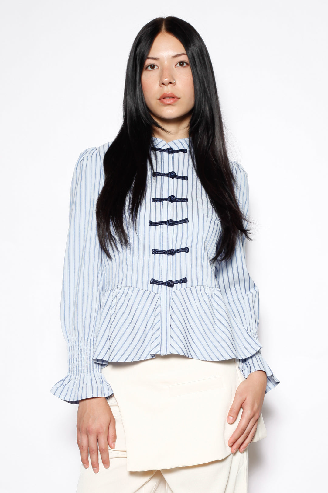Blue Stripe Cotton Peplum Frog Closure Shirt