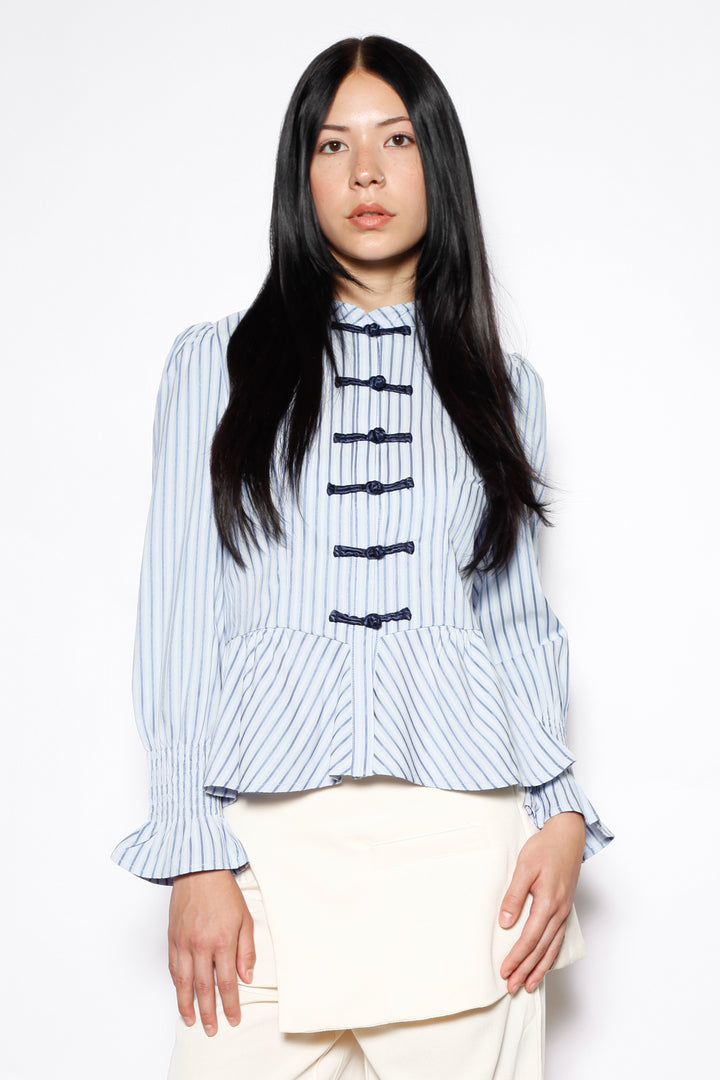 Blue Stripe Cotton Peplum Frog Closure Shirt