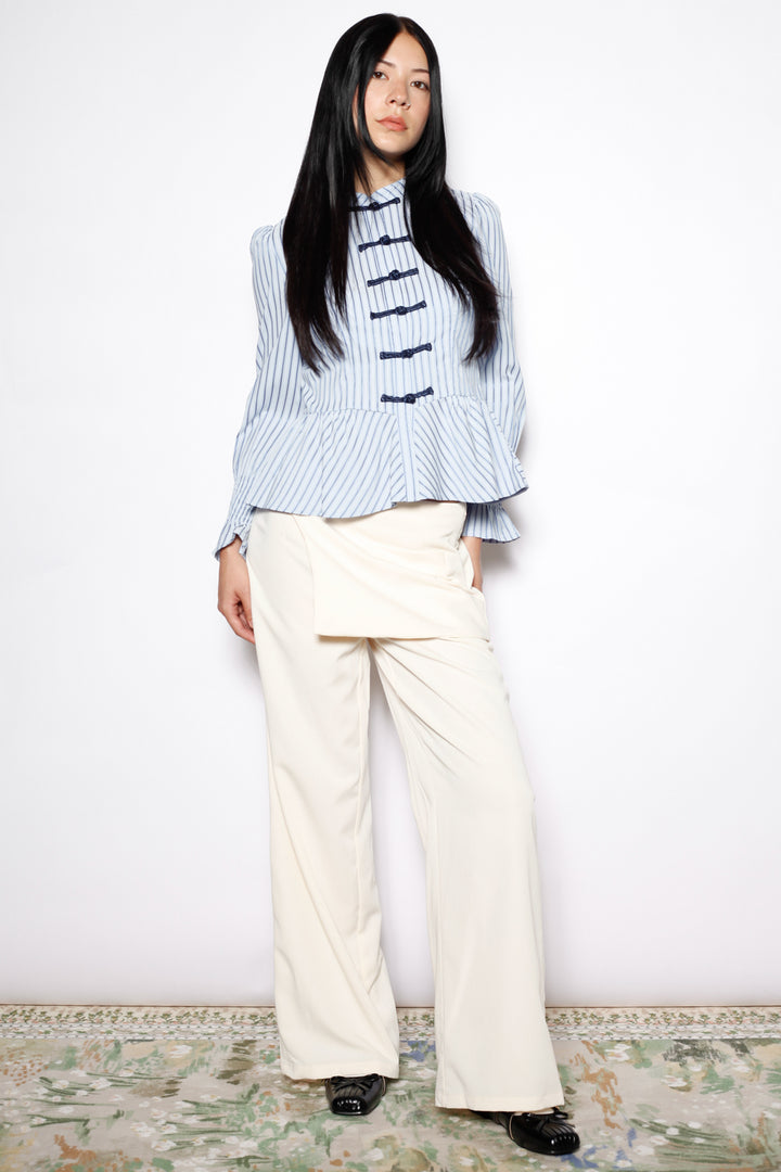 Blue Stripe Cotton Peplum Frog Closure Shirt