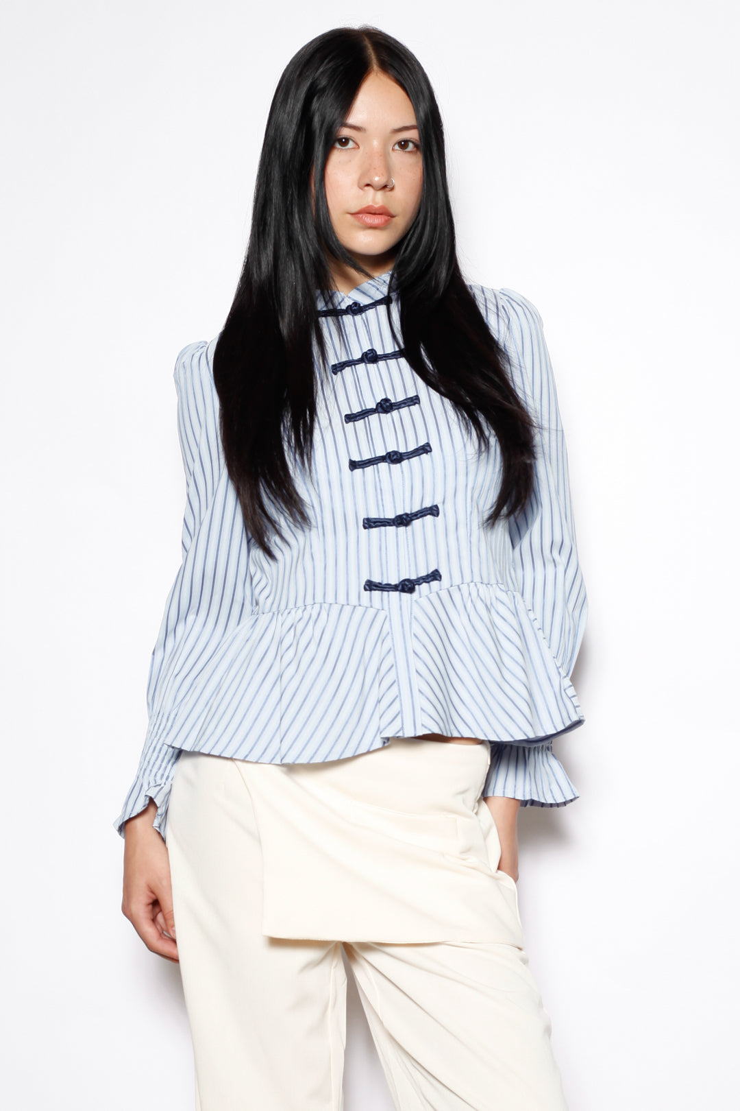 Blue Stripe Cotton Peplum Frog Closure Shirt