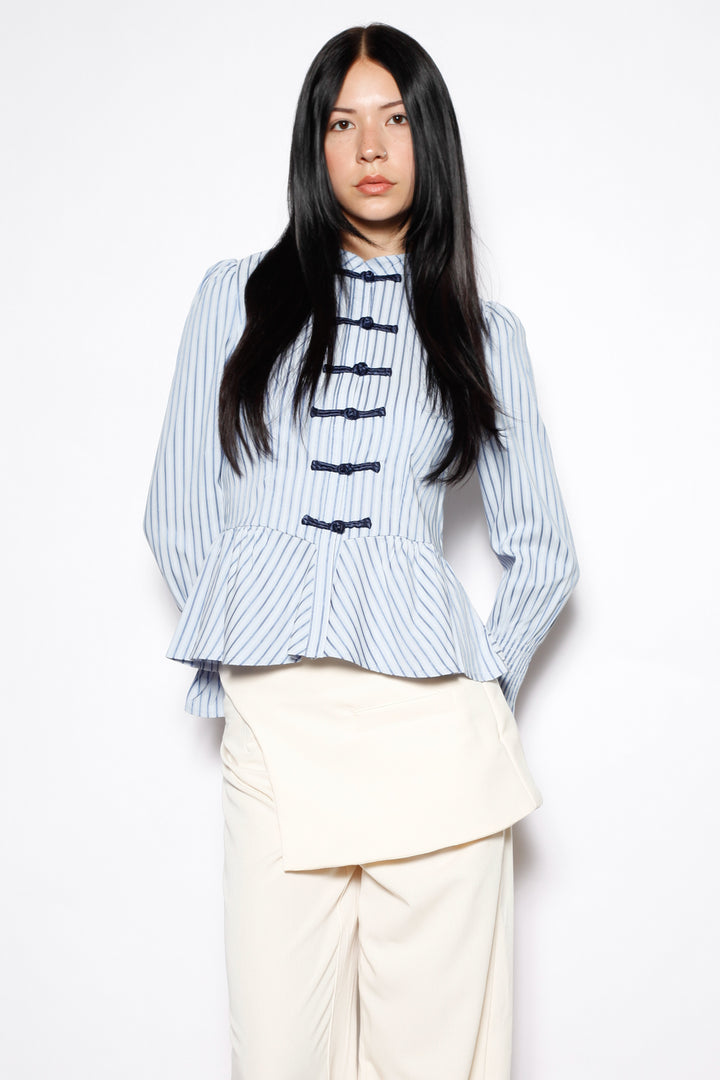 Blue Stripe Cotton Peplum Frog Closure Shirt