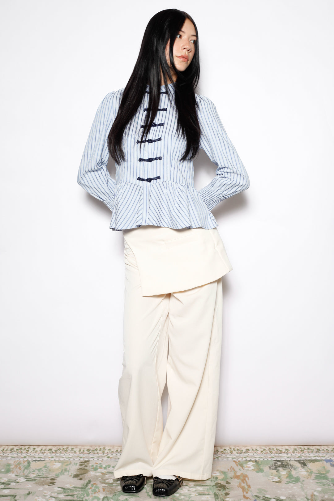 Blue Stripe Cotton Peplum Frog Closure Shirt