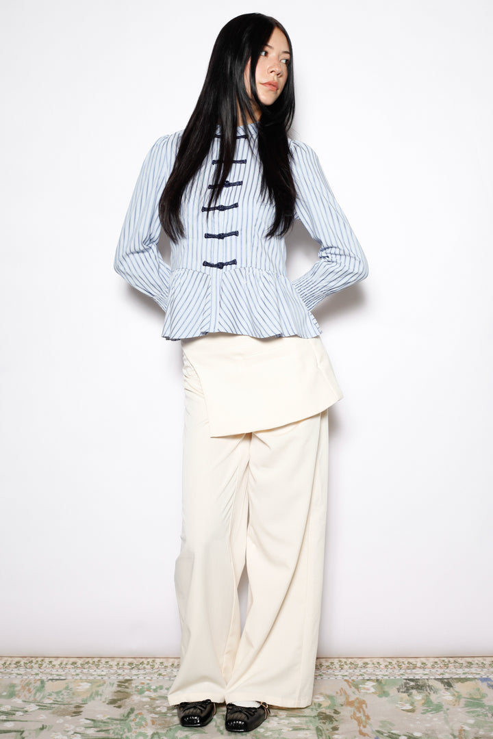 Blue Stripe Cotton Peplum Frog Closure Shirt