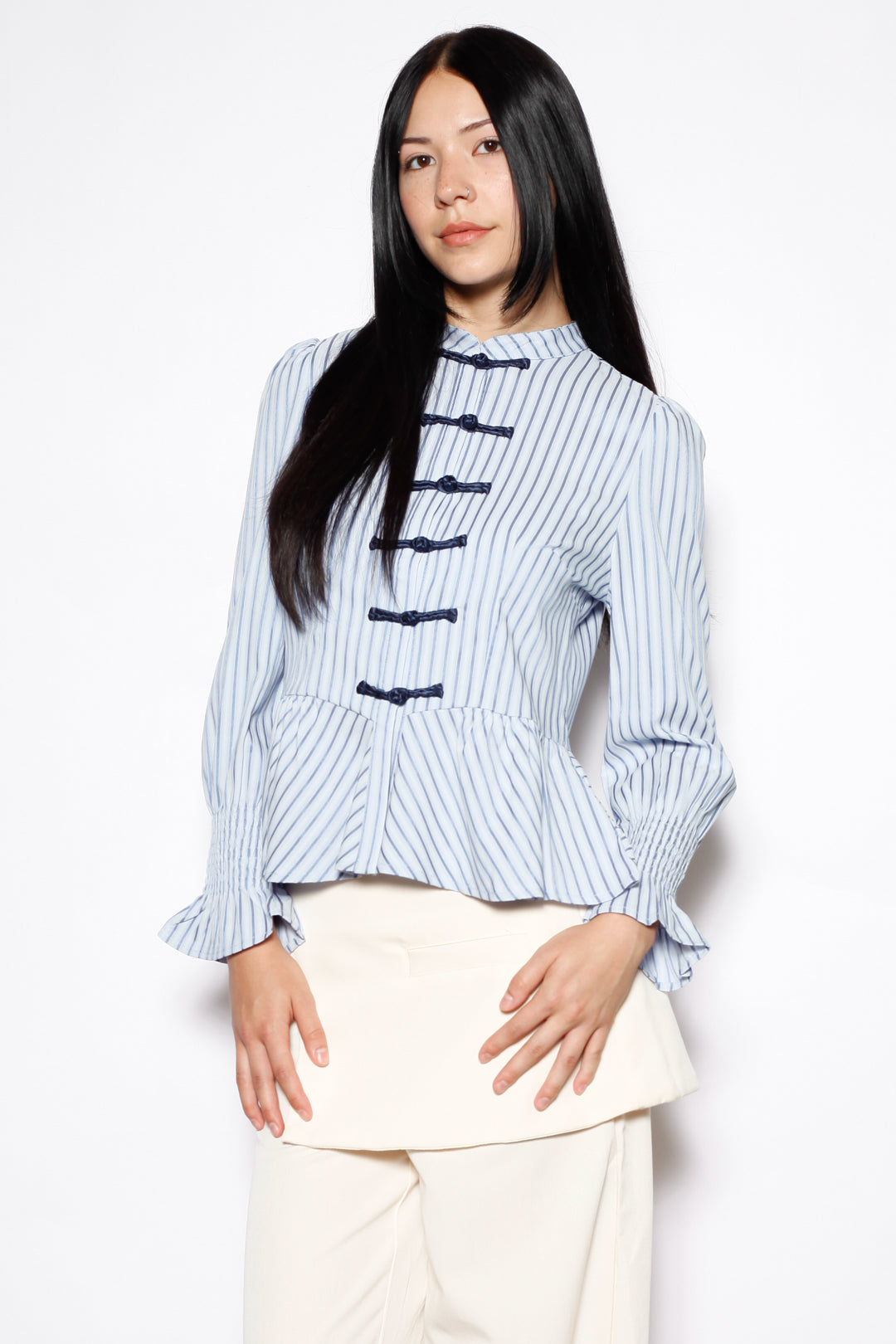 Blue Stripe Cotton Peplum Frog Closure Shirt
