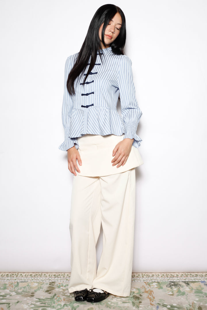 Blue Stripe Cotton Peplum Frog Closure Shirt