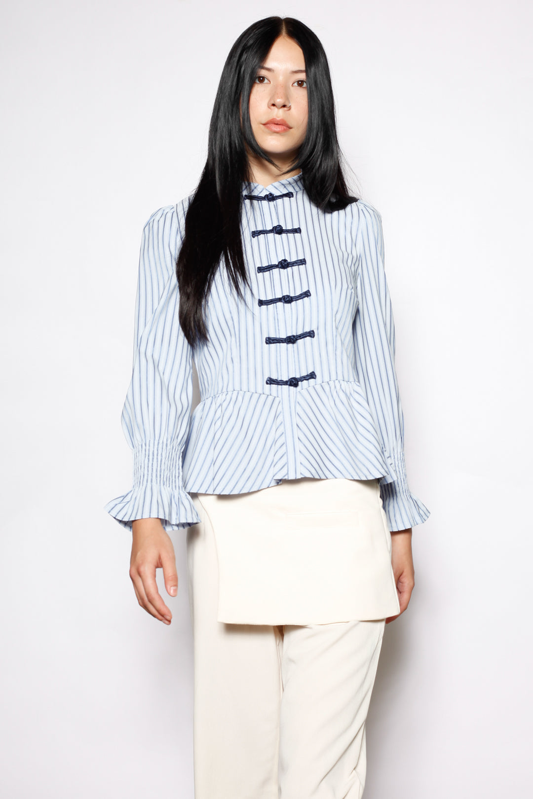 Blue Stripe Cotton Peplum Frog Closure Shirt