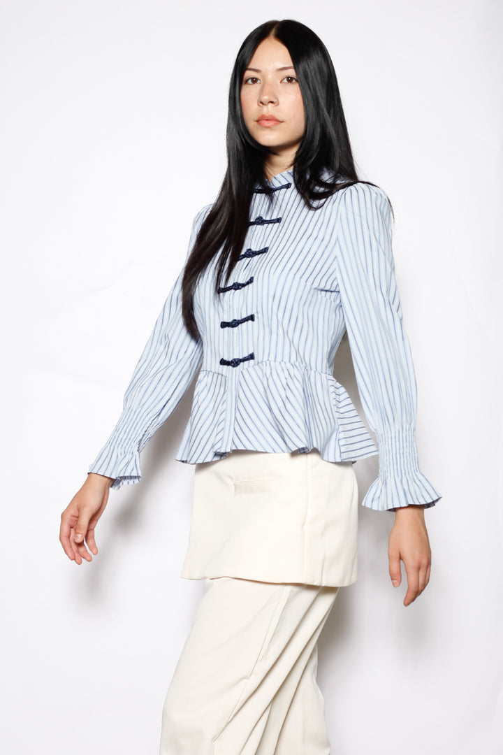 Blue Stripe Cotton Peplum Frog Closure Shirt