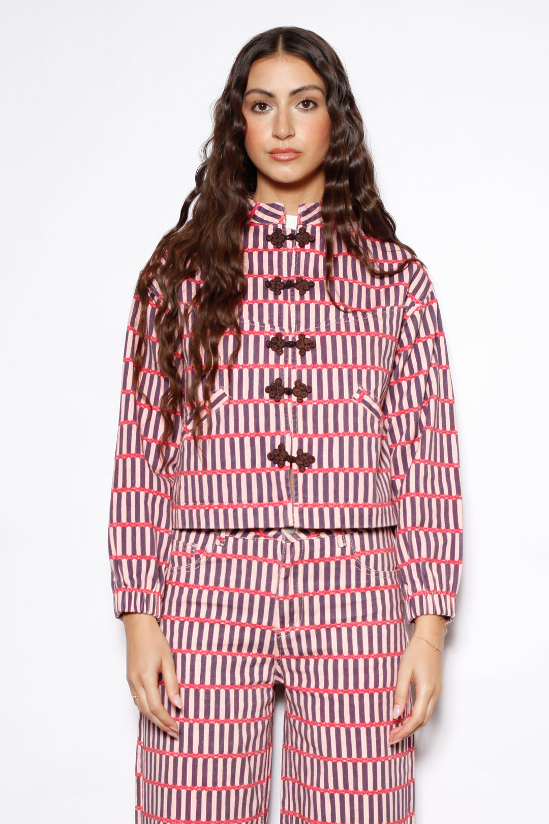 Pink Stripe Denim Frog Closure Jacket