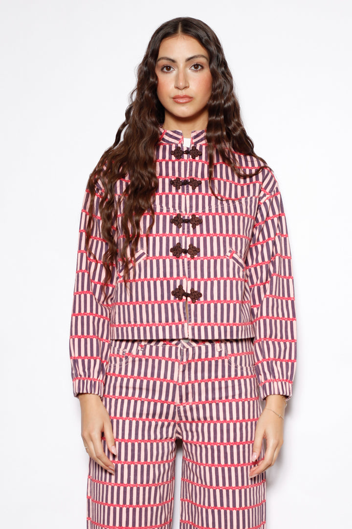 Pink Stripe Denim Frog Closure Jacket