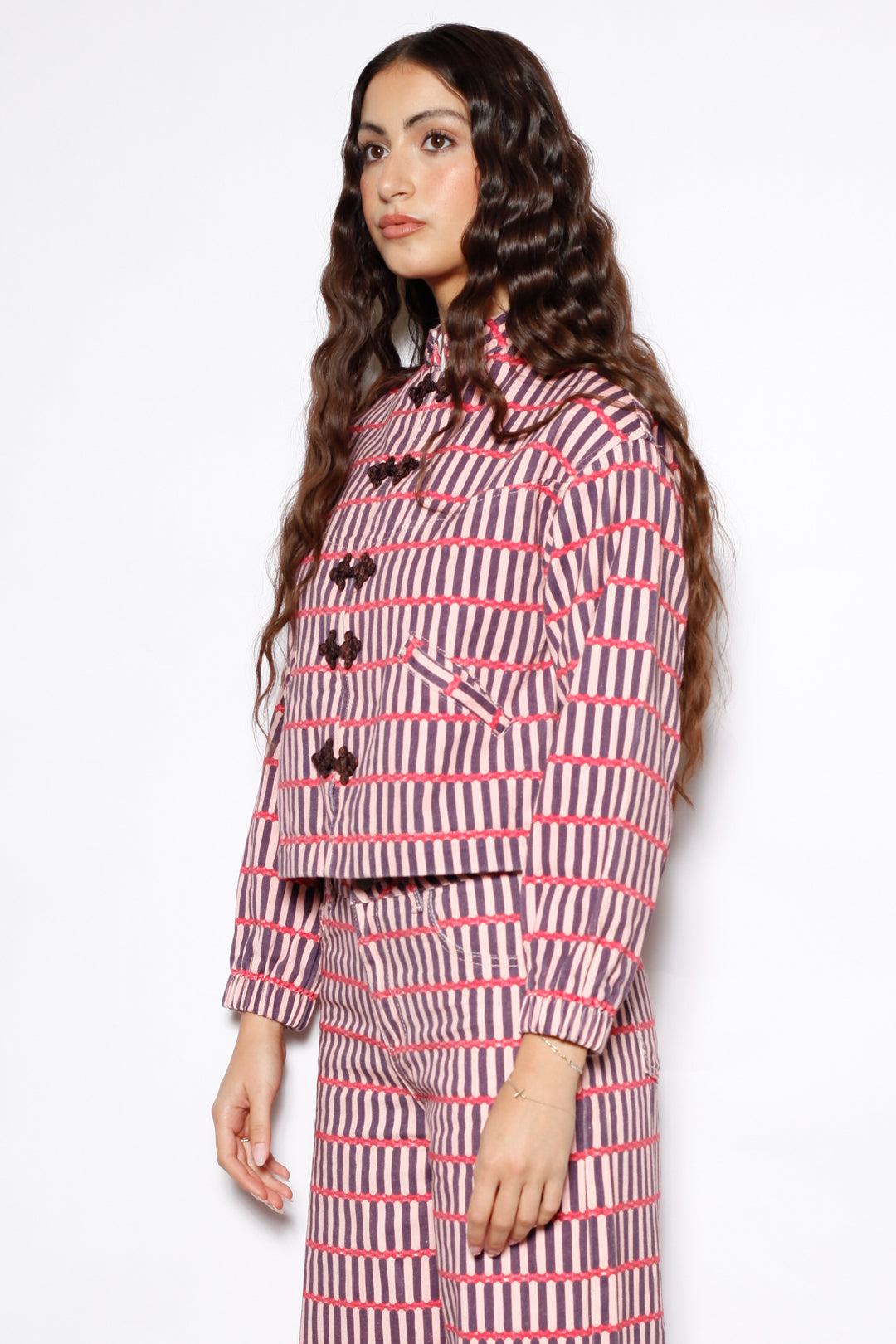 Pink Stripe Denim Frog Closure Jacket