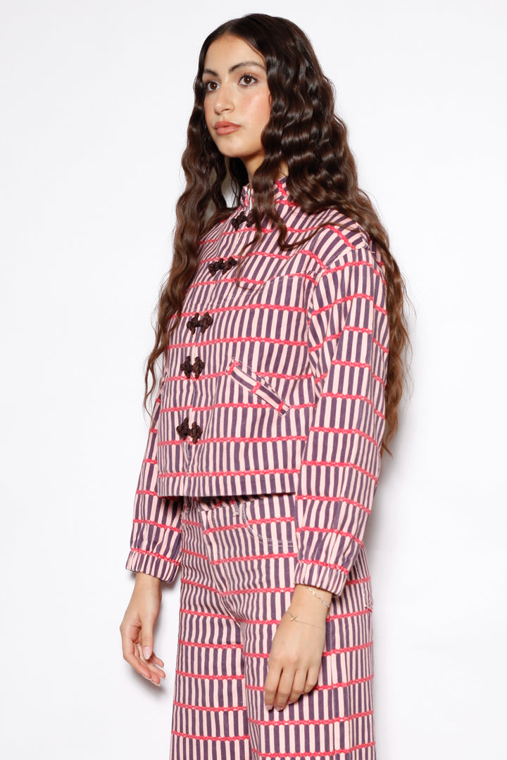 Pink Stripe Denim Frog Closure Jacket