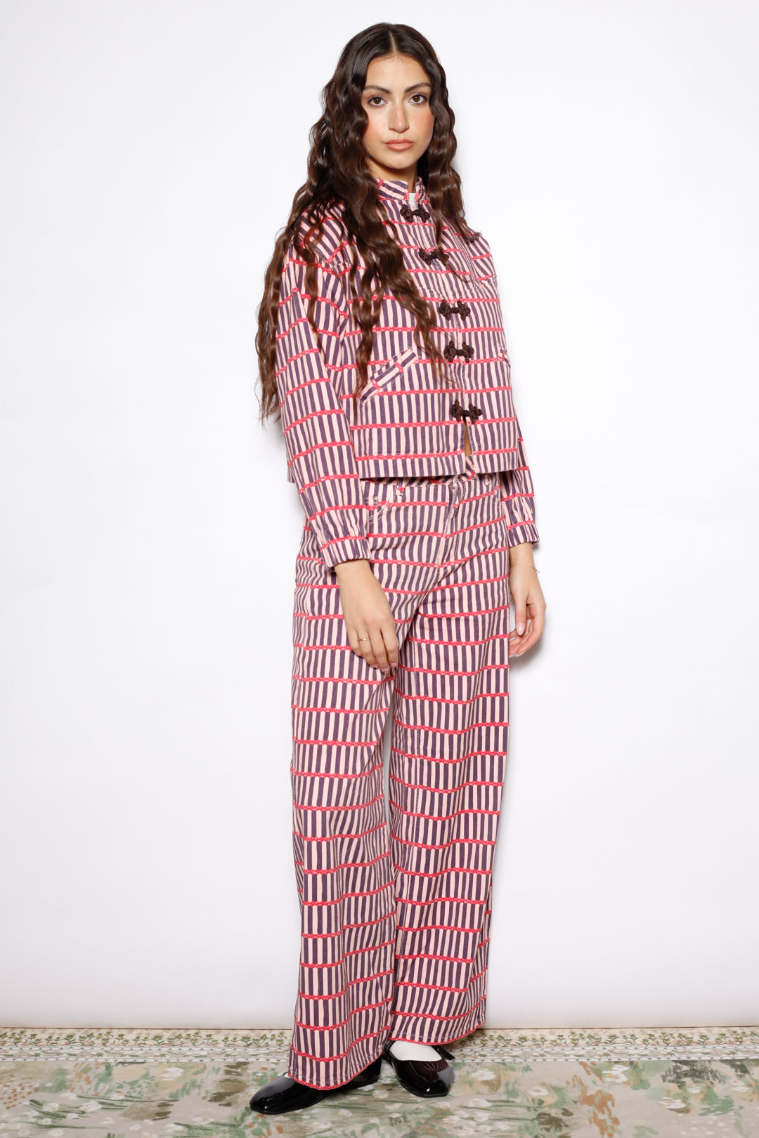 Pink Stripe Denim Frog Closure Jacket