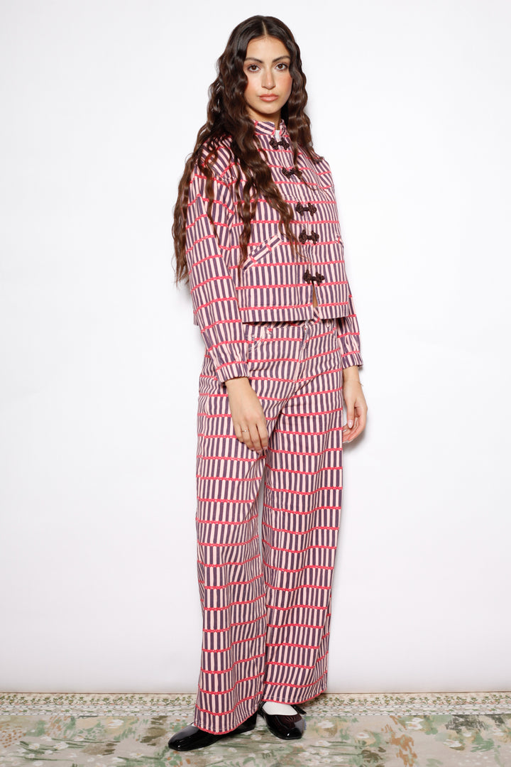 Pink Stripe Denim Frog Closure Jacket