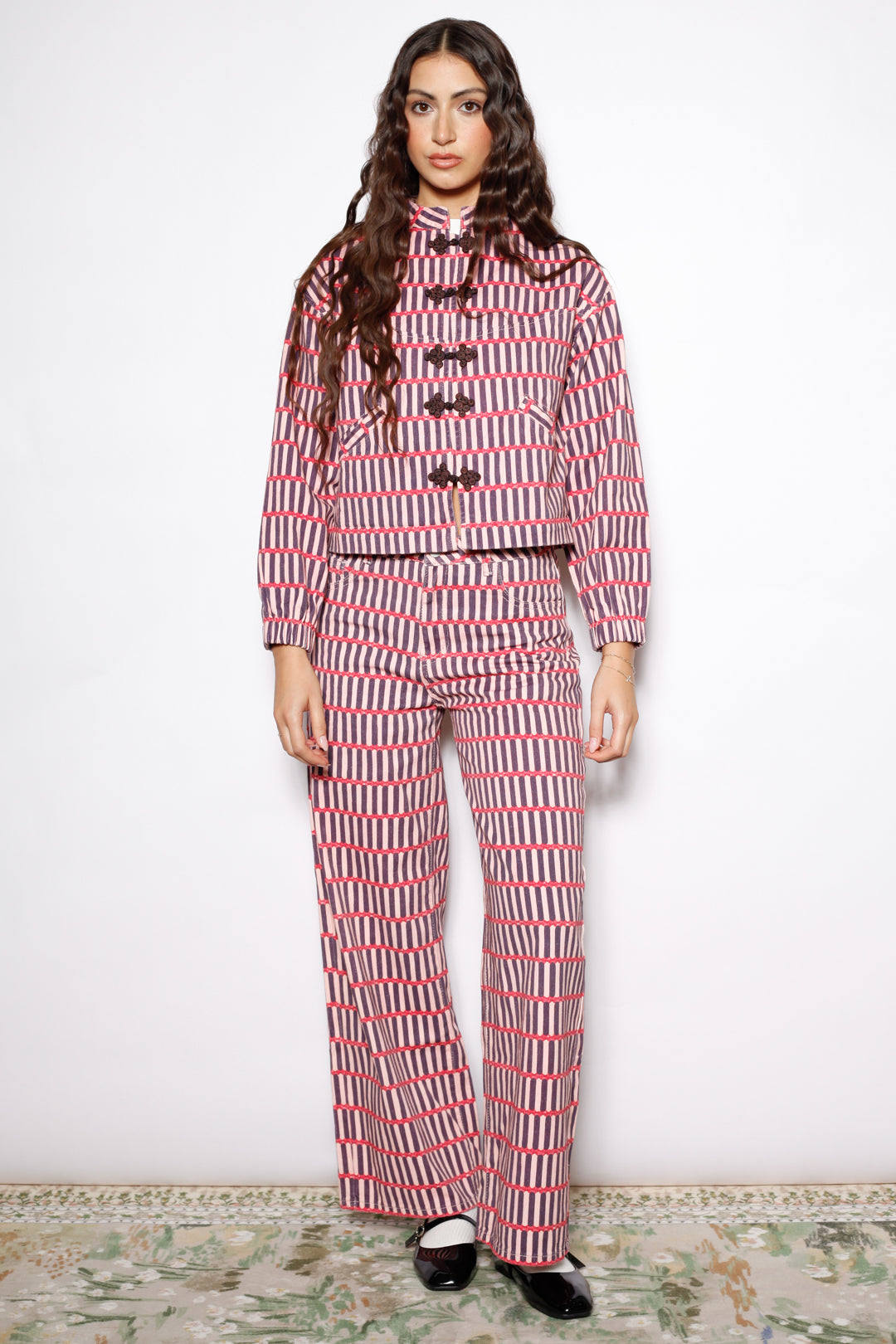 Pink Stripe Denim Frog Closure Jacket