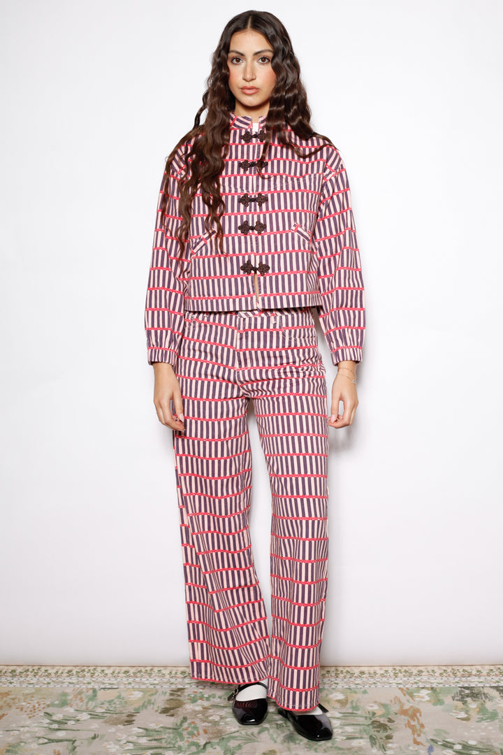 Pink Stripe Denim Frog Closure Jacket