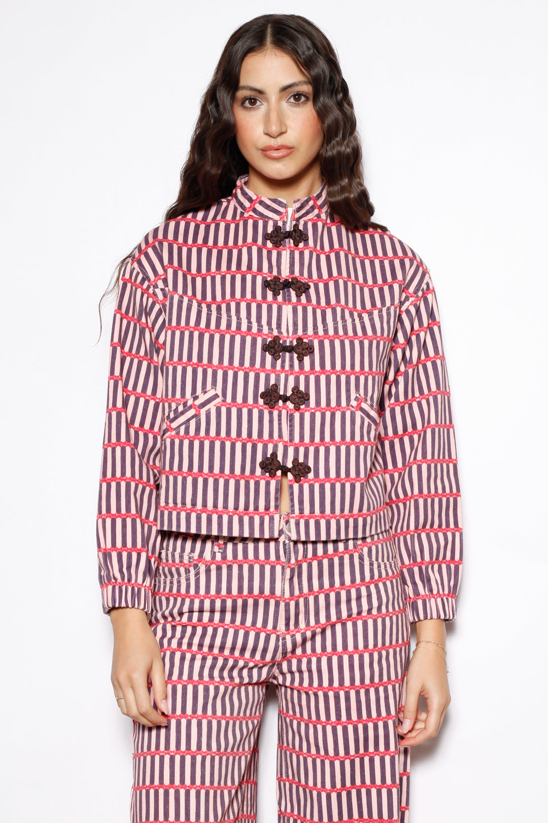 Pink Stripe Denim Frog Closure Jacket