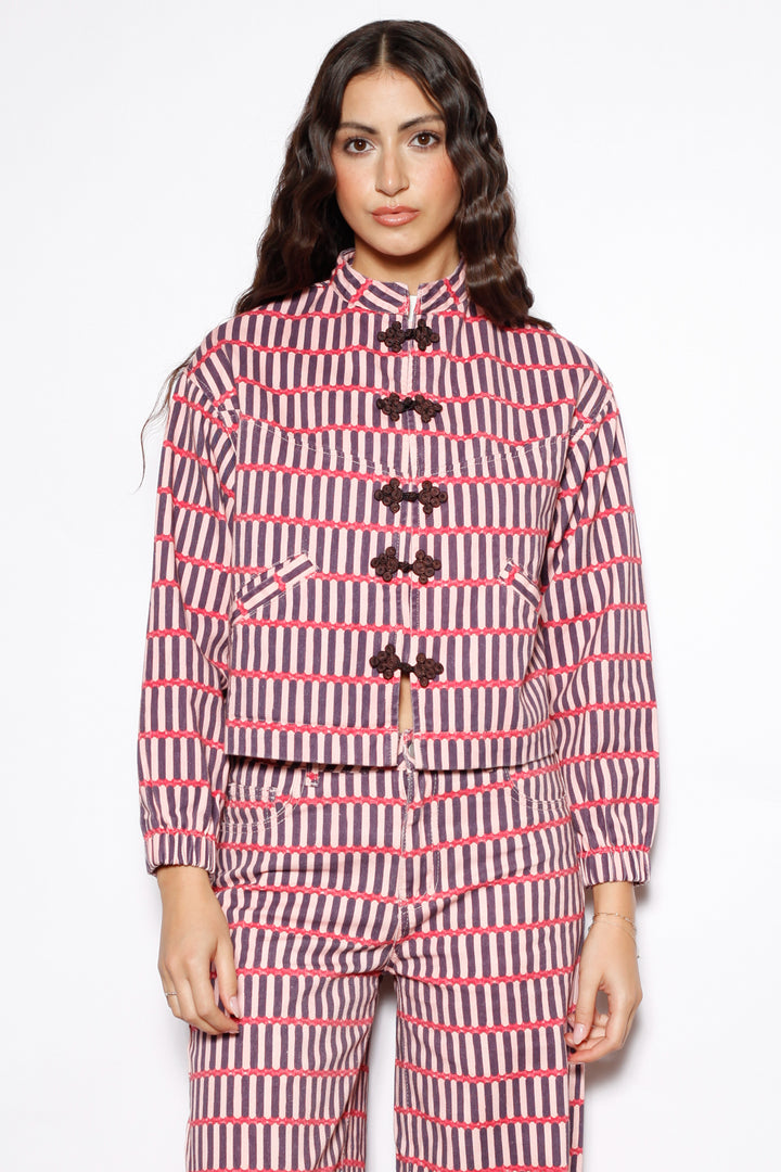 Pink Stripe Denim Frog Closure Jacket