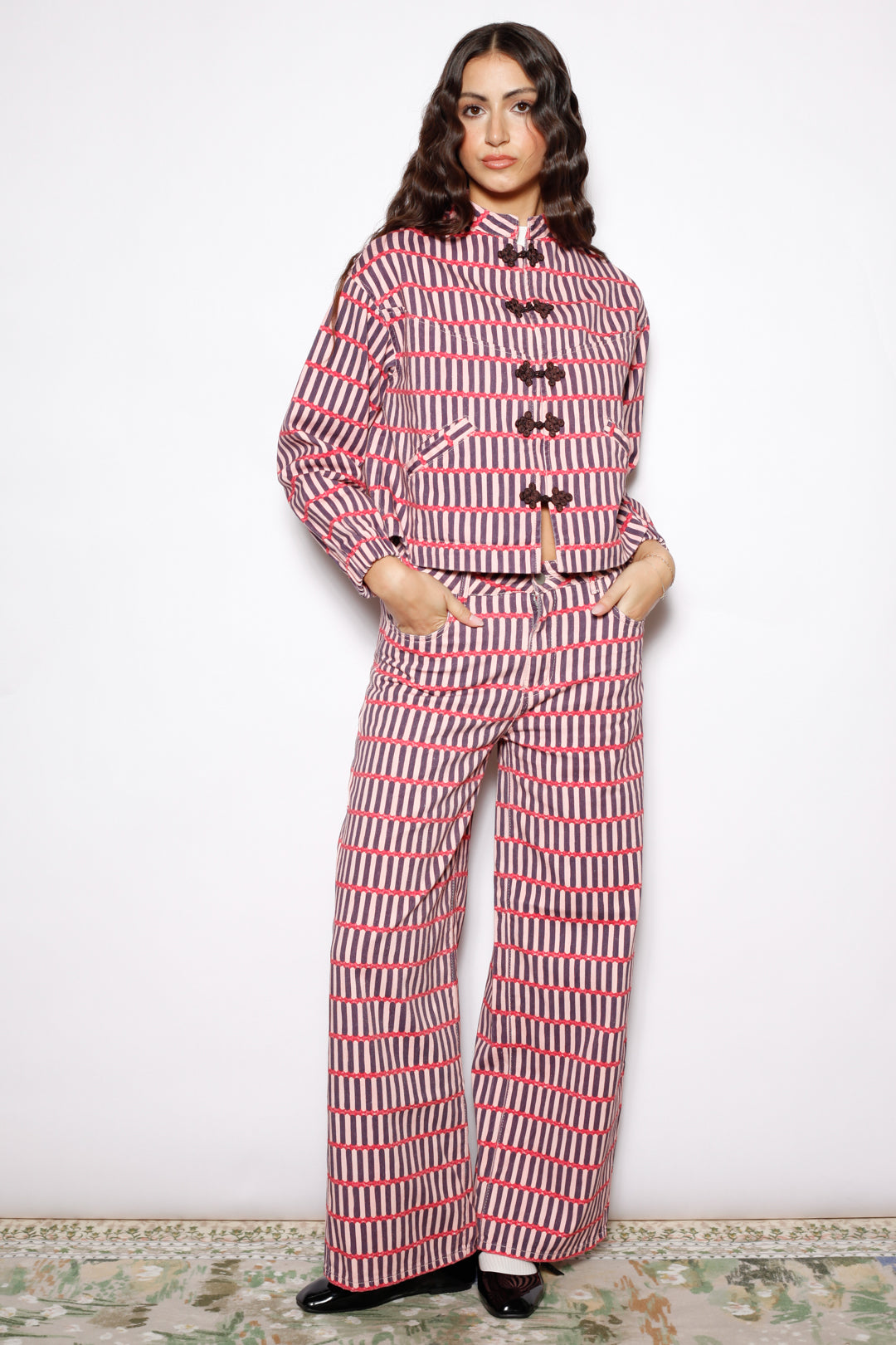 Pink Stripe Denim Frog Closure Jacket