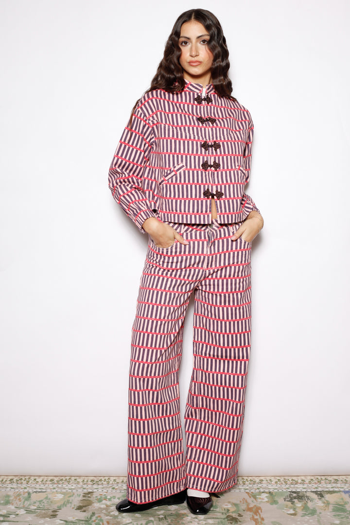 Pink Stripe Denim Frog Closure Jacket