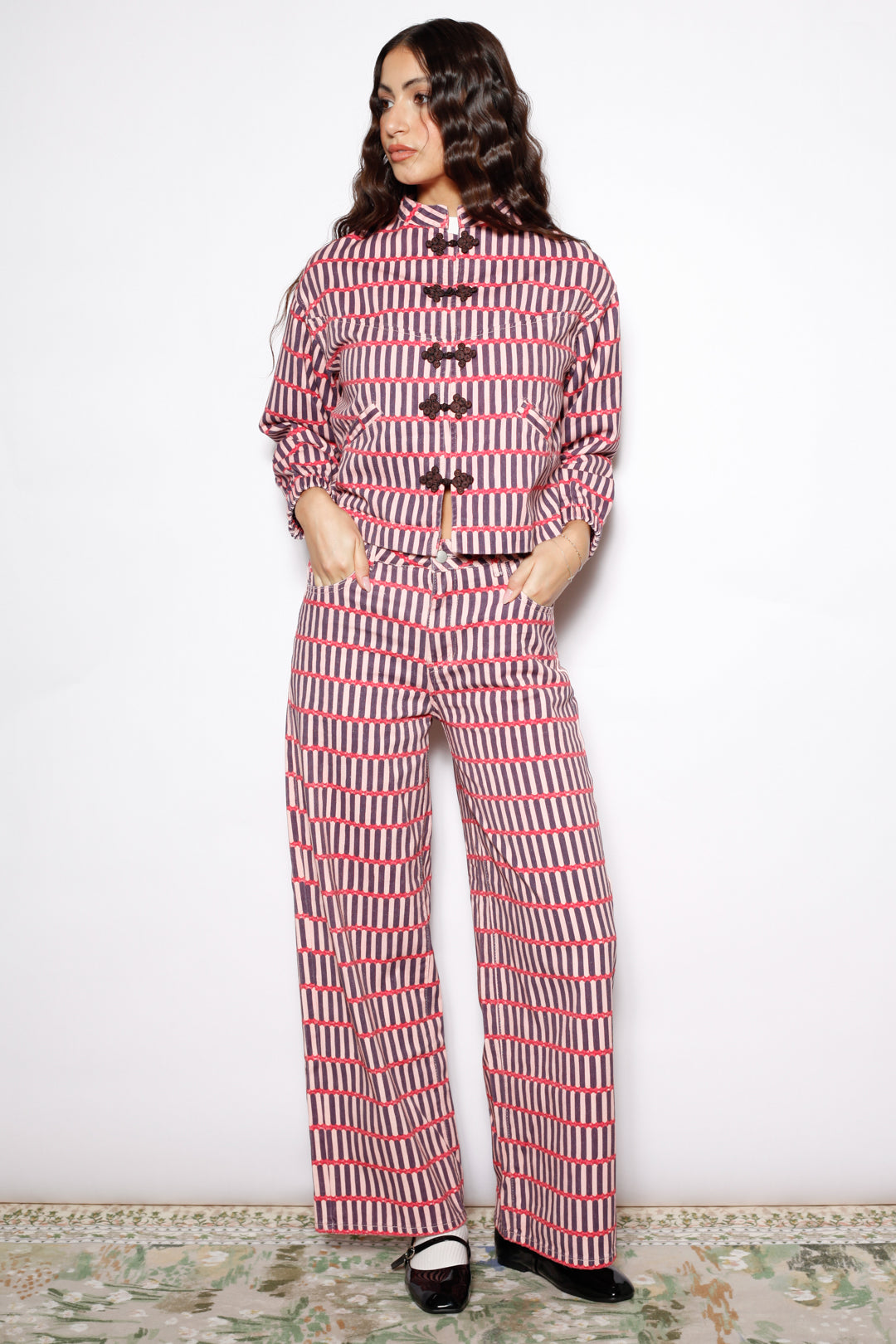 Pink Stripe Denim Frog Closure Jacket