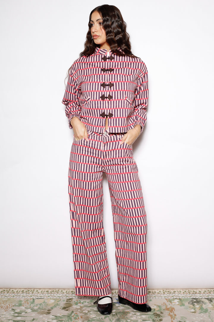 Pink Stripe Denim Frog Closure Jacket
