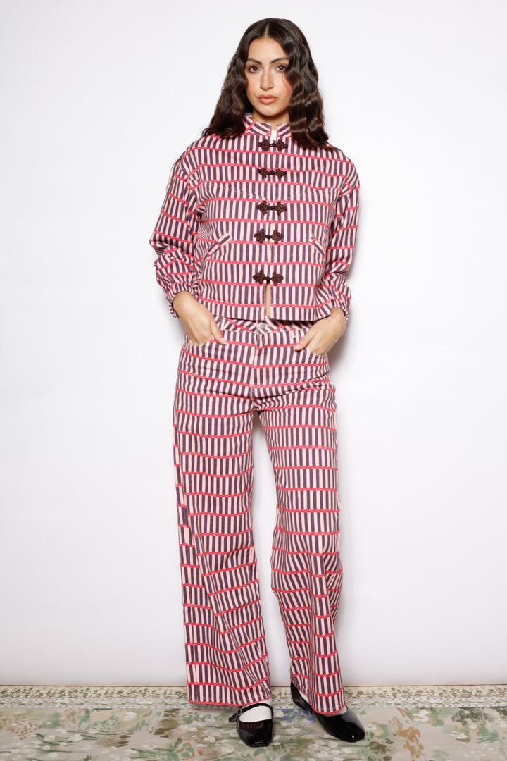 Pink Stripe Denim Frog Closure Jacket