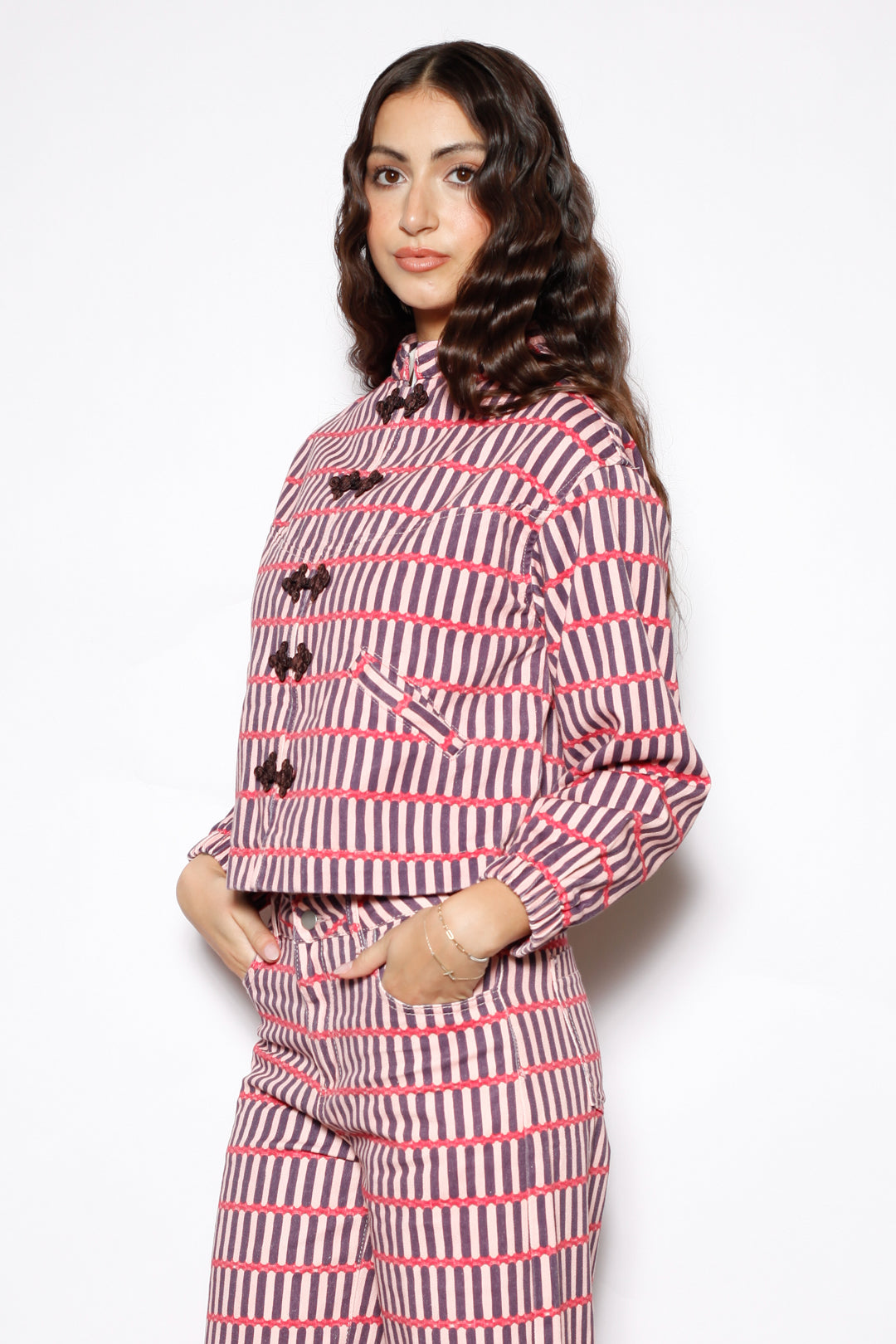 Pink Stripe Denim Frog Closure Jacket