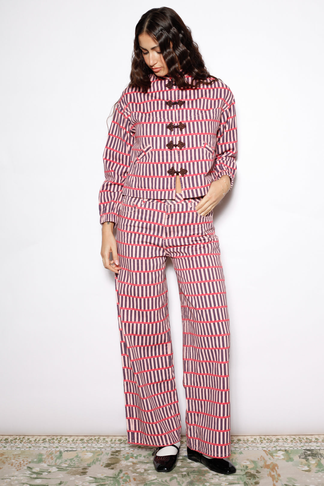 Pink Stripe Denim Frog Closure Jacket