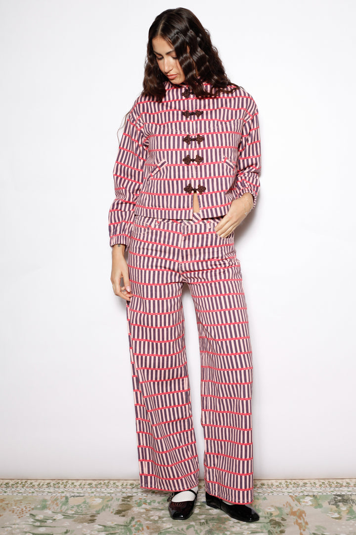 Pink Stripe Denim Frog Closure Jacket