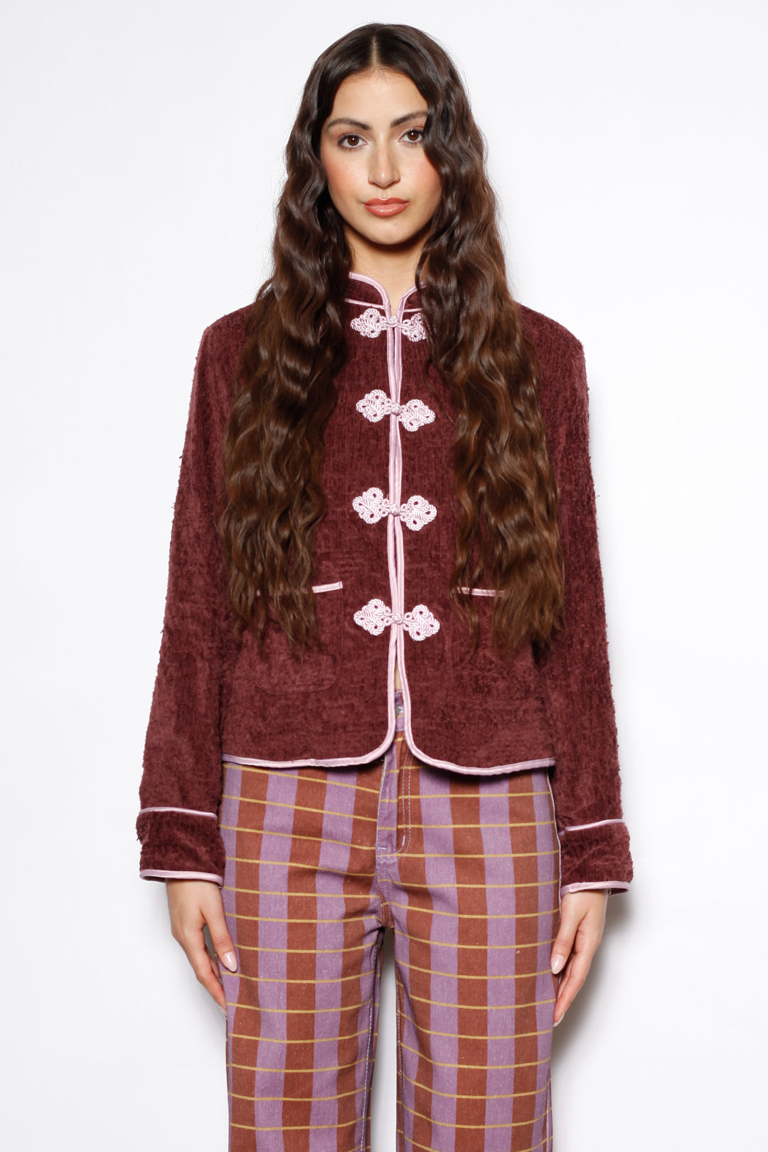 Burgundy Textured Wool Frog Closure Jacket