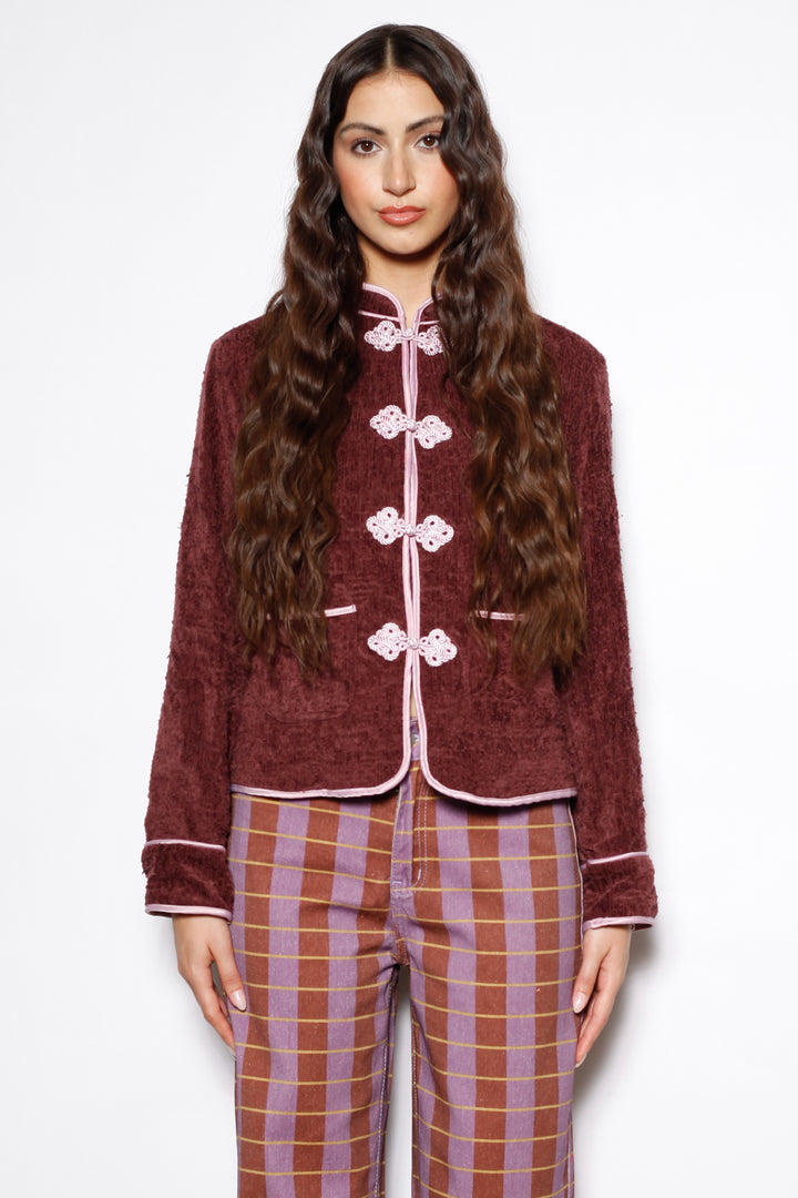 Burgundy Textured Wool Frog Closure Jacket