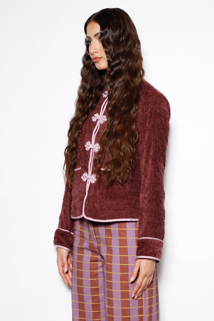 Burgundy Textured Wool Frog Closure Jacket