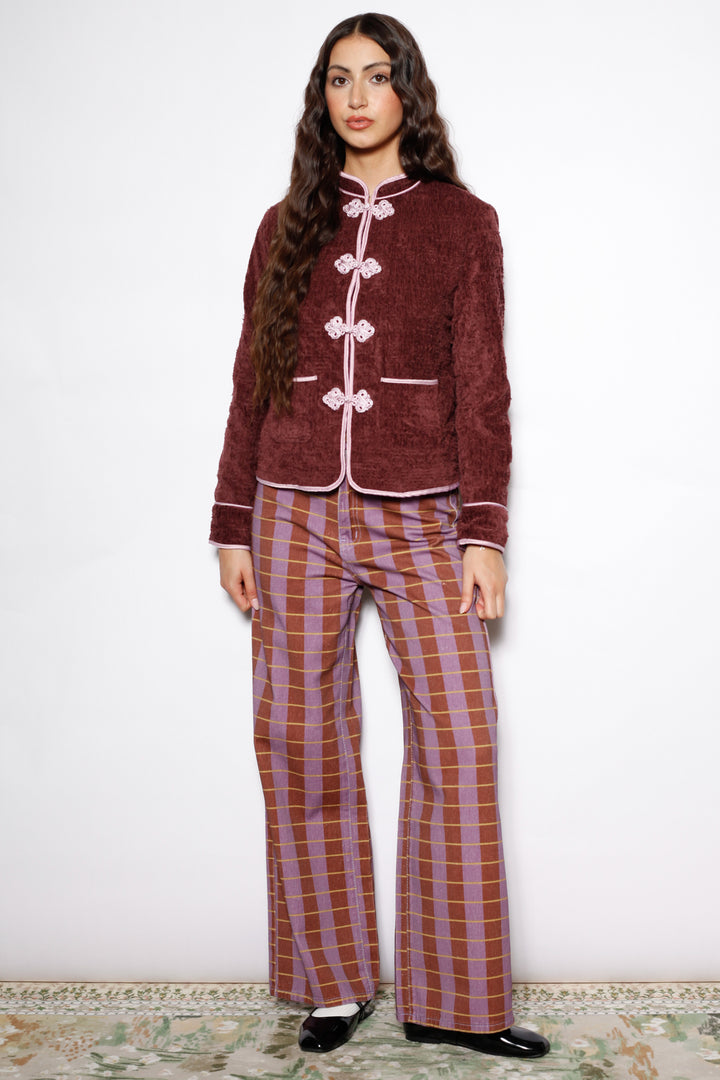Burgundy Textured Wool Frog Closure Jacket