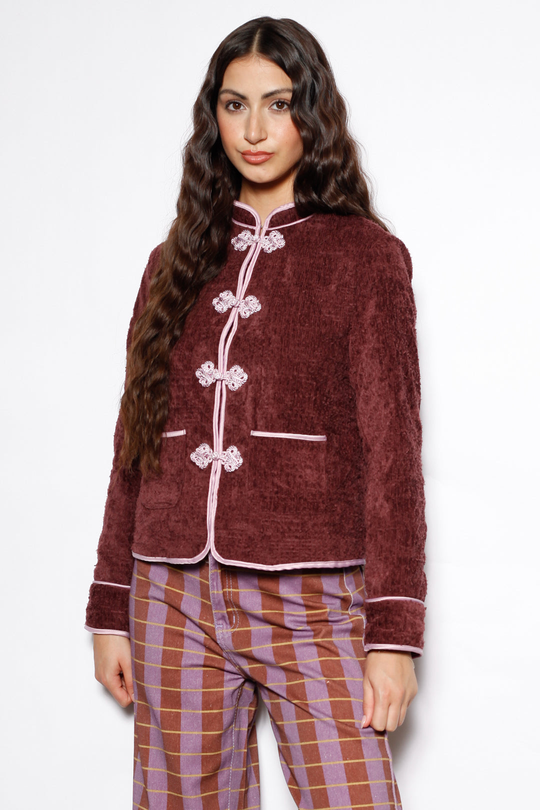 Burgundy Textured Wool Frog Closure Jacket