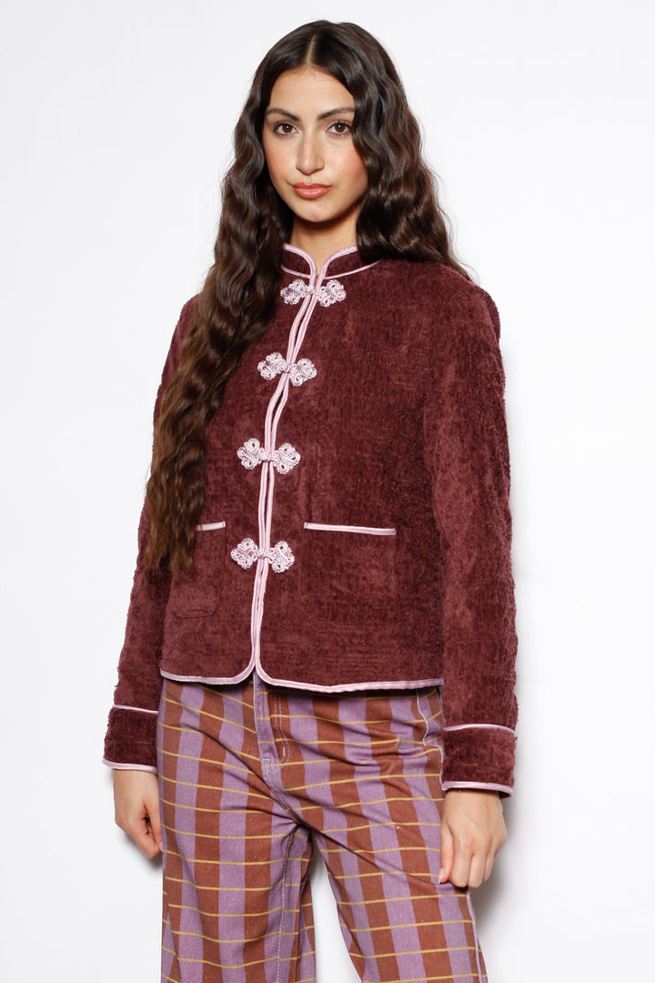 Burgundy Textured Wool Frog Closure Jacket