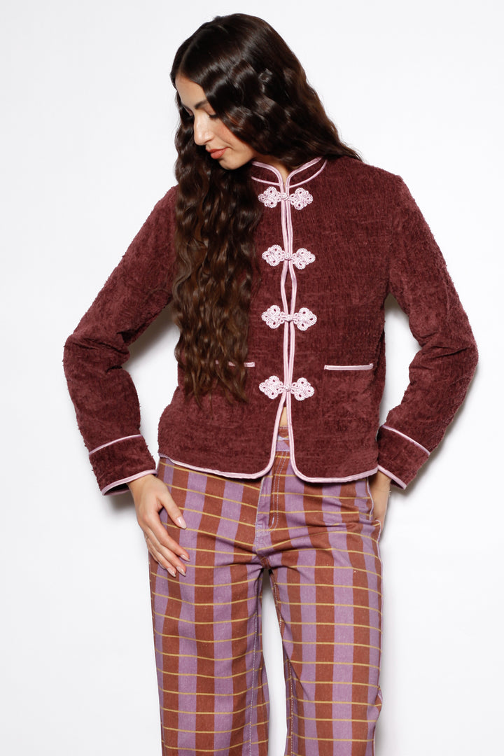 Burgundy Textured Wool Frog Closure Jacket