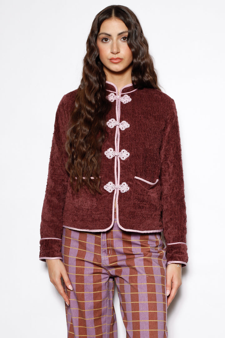 Burgundy Textured Wool Frog Closure Jacket