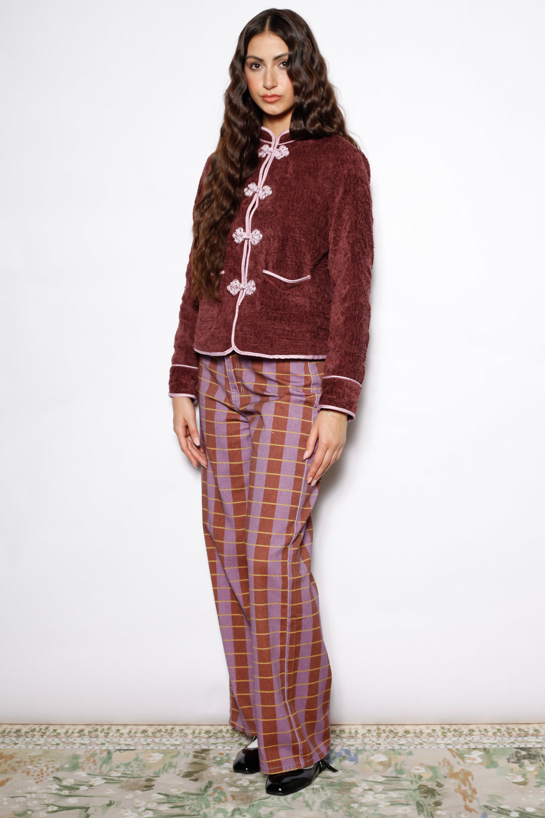 Burgundy Textured Wool Frog Closure Jacket