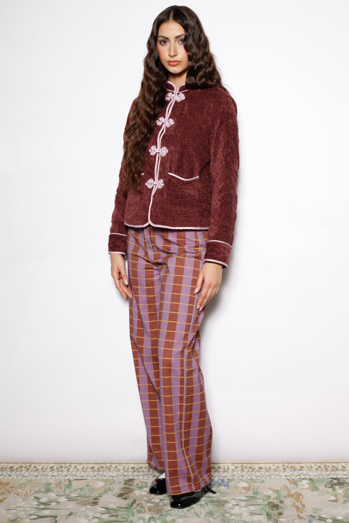 Burgundy Textured Wool Frog Closure Jacket