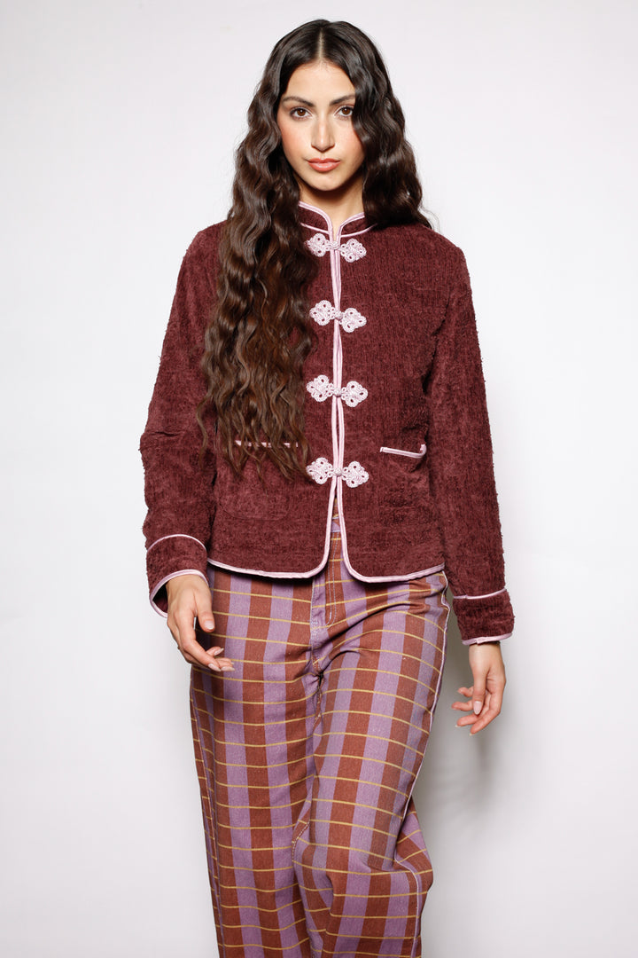 Burgundy Textured Wool Frog Closure Jacket