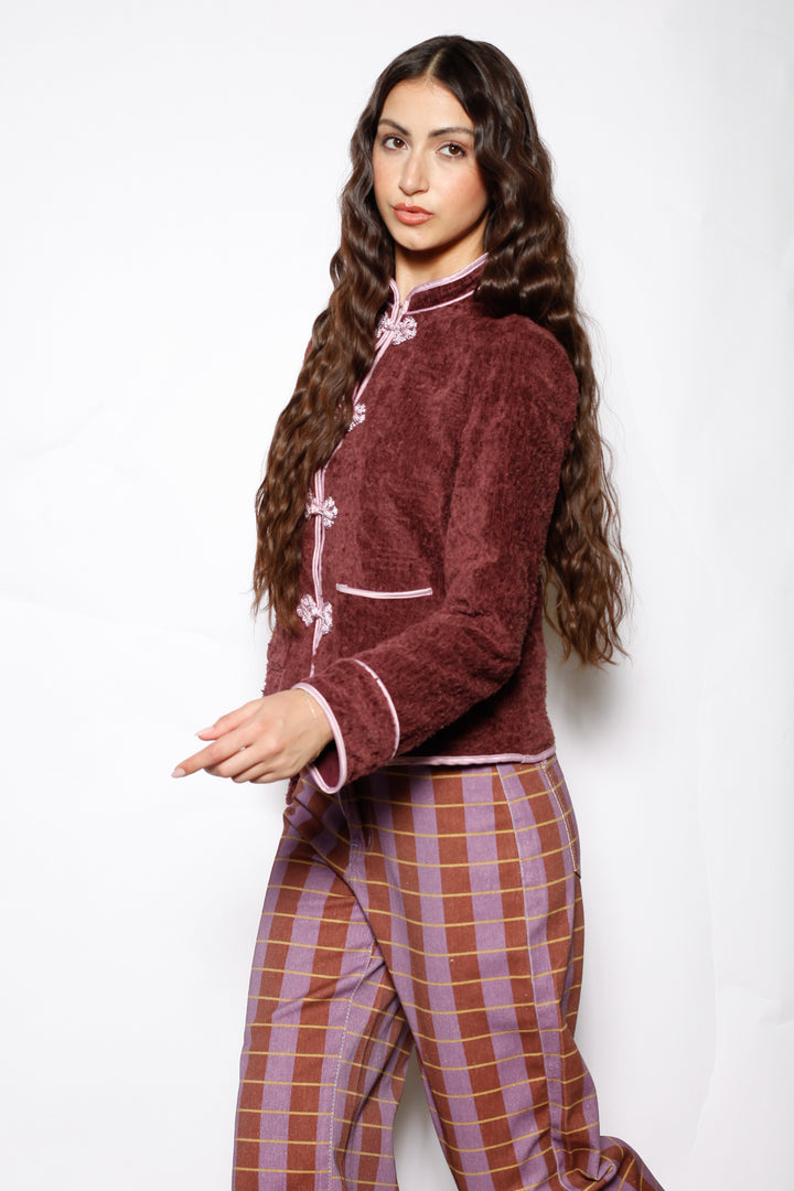 Burgundy Textured Wool Frog Closure Jacket