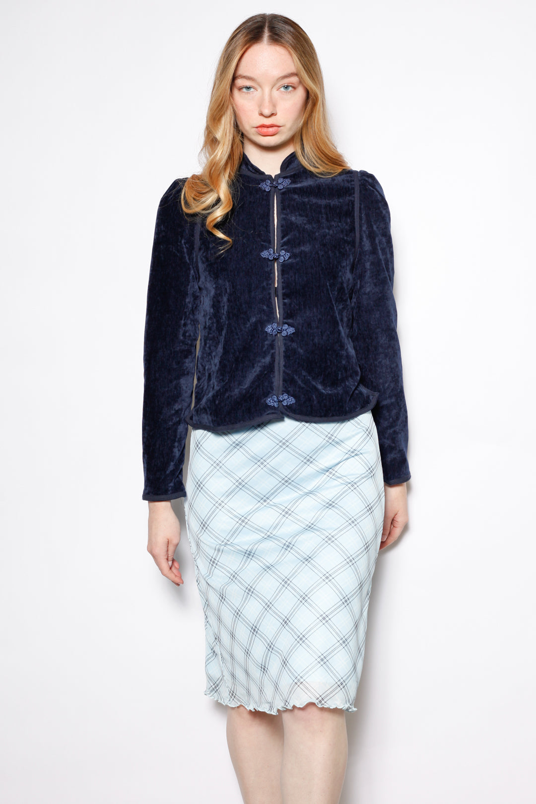 Navy Velvet Frog Closure Jacket