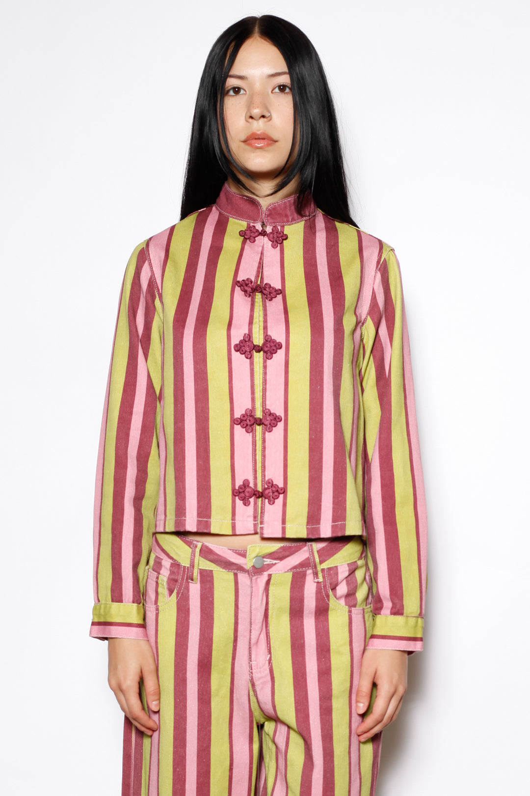 Cotton Denim Multi Stripe Frog Closure Jacket