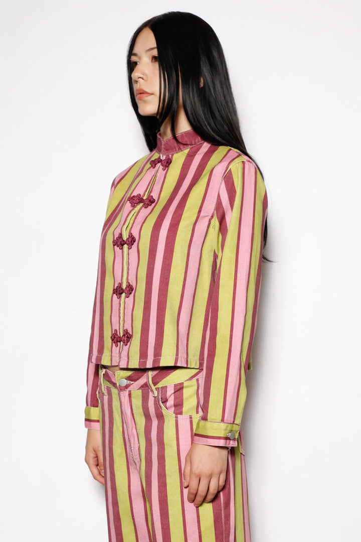 Cotton Denim Multi Stripe Frog Closure Jacket