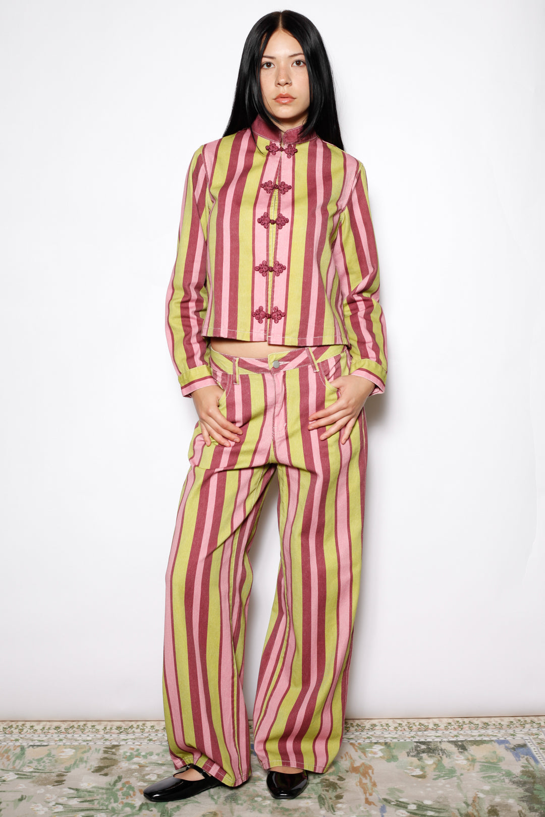 Cotton Denim Multi Stripe Frog Closure Jacket