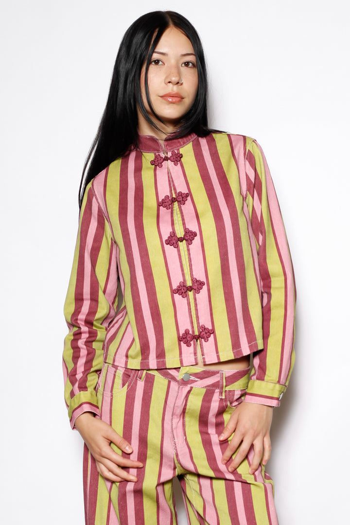 Cotton Denim Multi Stripe Frog Closure Jacket