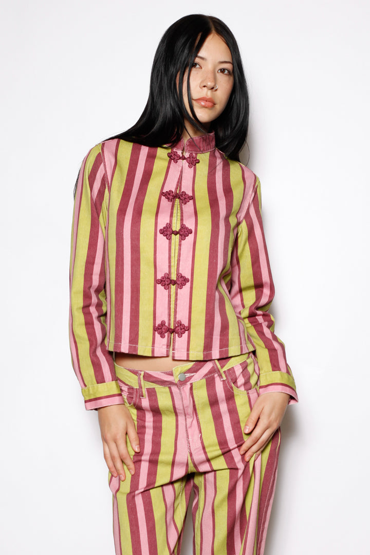 Cotton Denim Multi Stripe Frog Closure Jacket