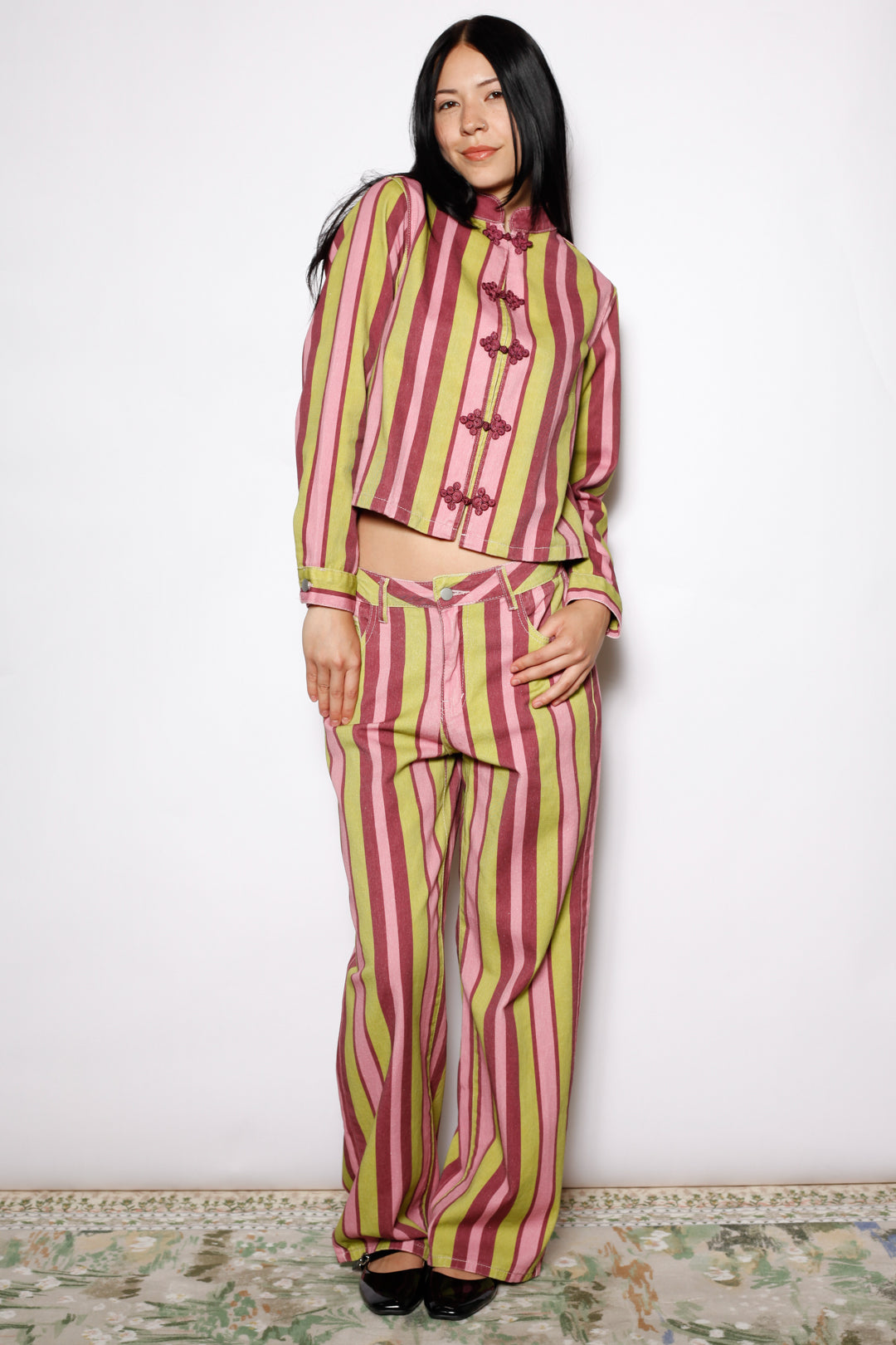 Cotton Denim Multi Stripe Frog Closure Jacket