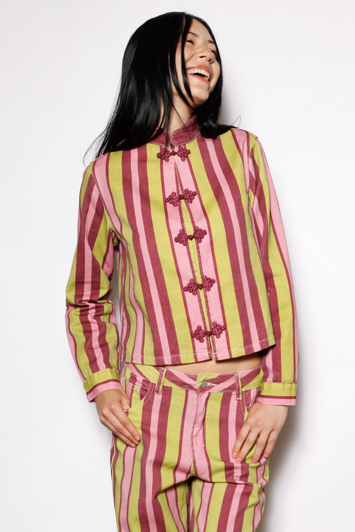 Cotton Denim Multi Stripe Frog Closure Jacket