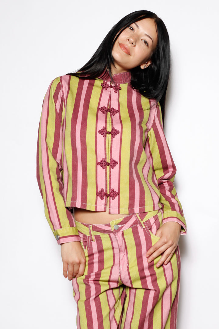 Cotton Denim Multi Stripe Frog Closure Jacket